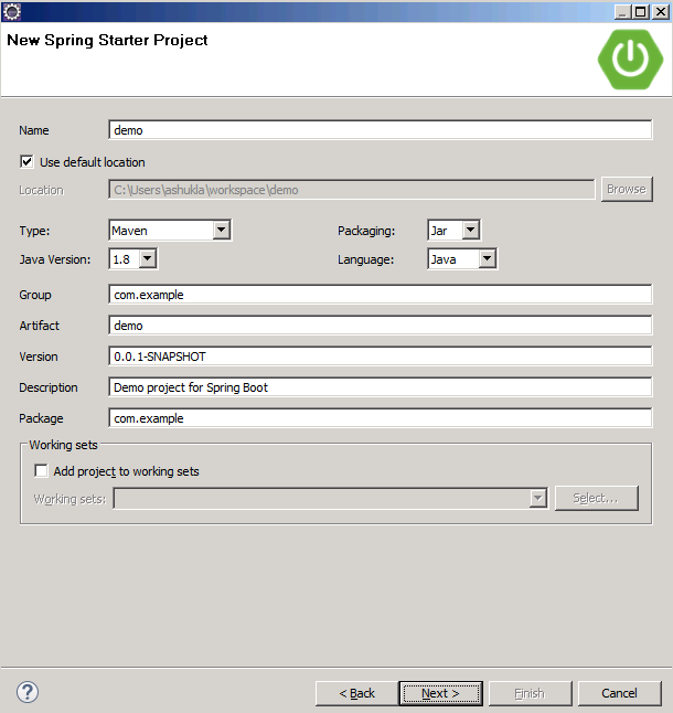 Spring Starter Project Creation Dialog Box