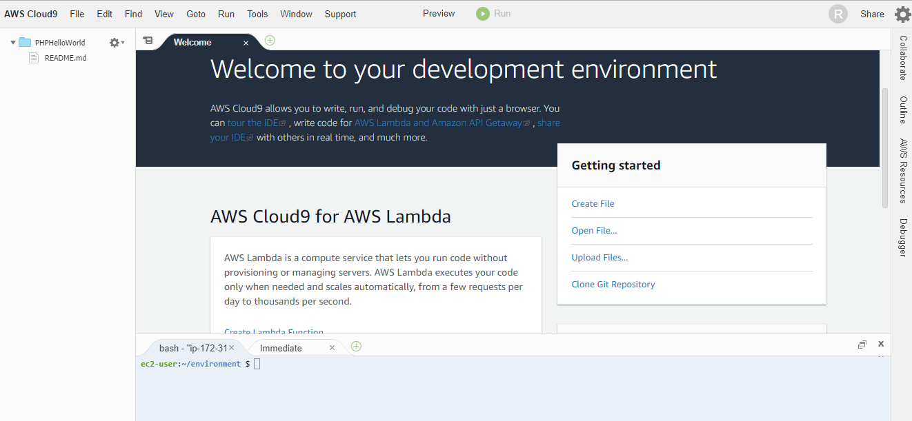 AWS Cloud9 IDE Dashboard - Landing Page