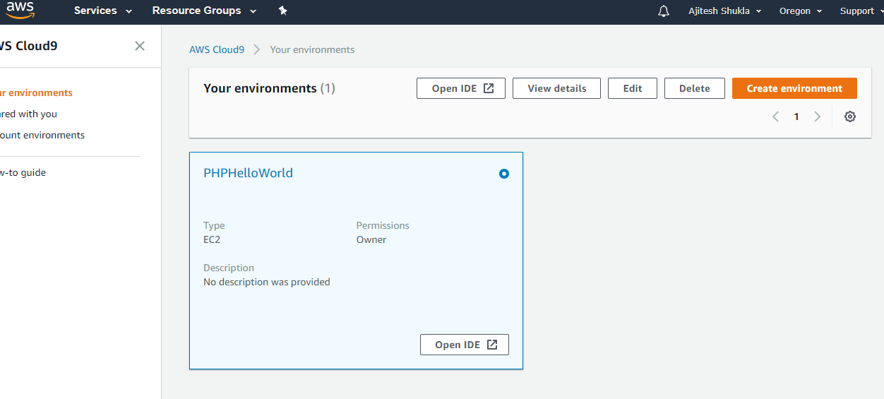 AWS Cloud9 IDE Dashboard