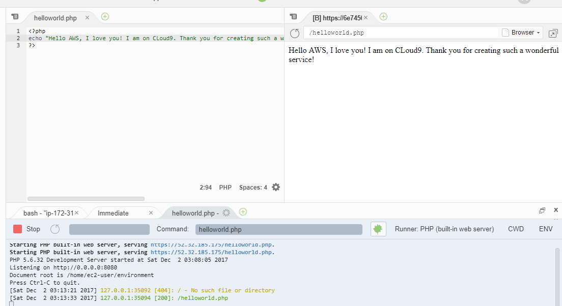 Preview PHP Helloworld web application in Cloud9