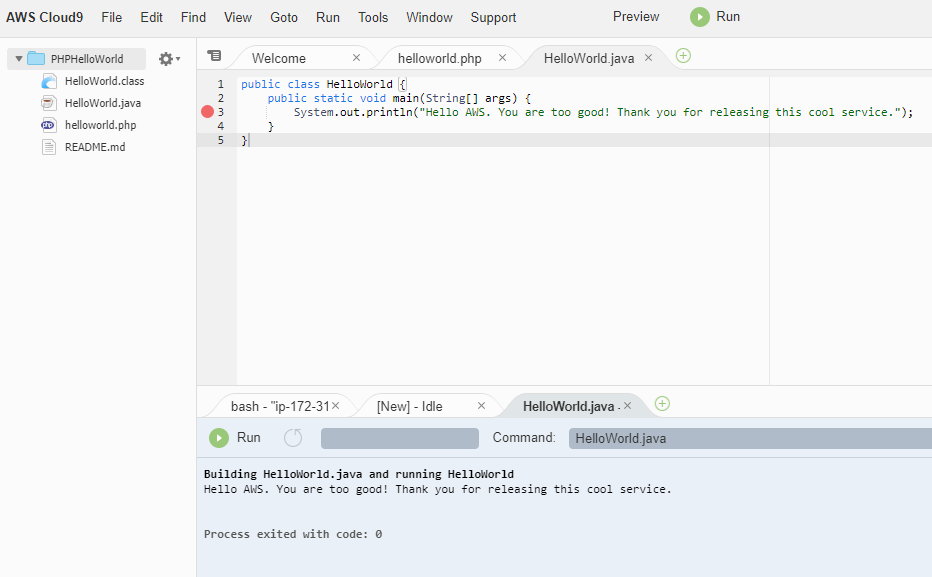 Java HelloWorld using Cloud9 IDE