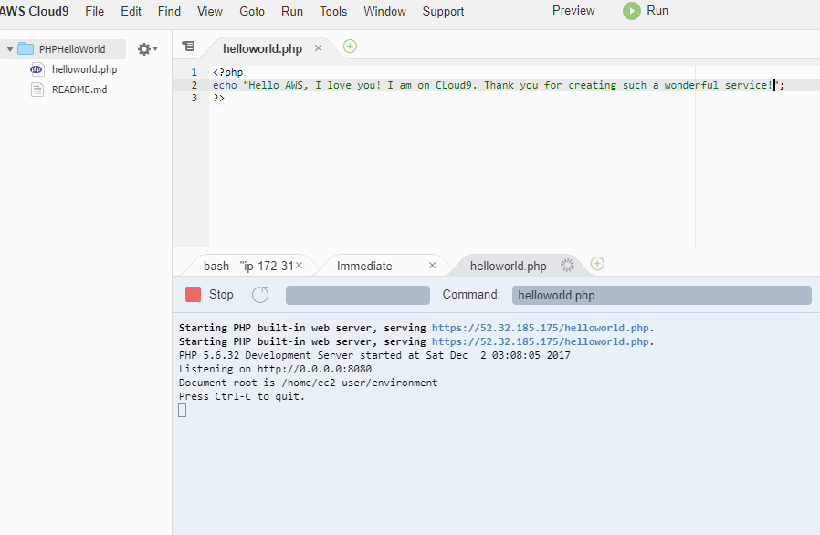 Run PHP Hello World using Cloud9 IDE