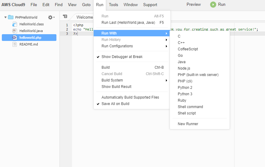 AWS Cloud9 IDE Runtimes