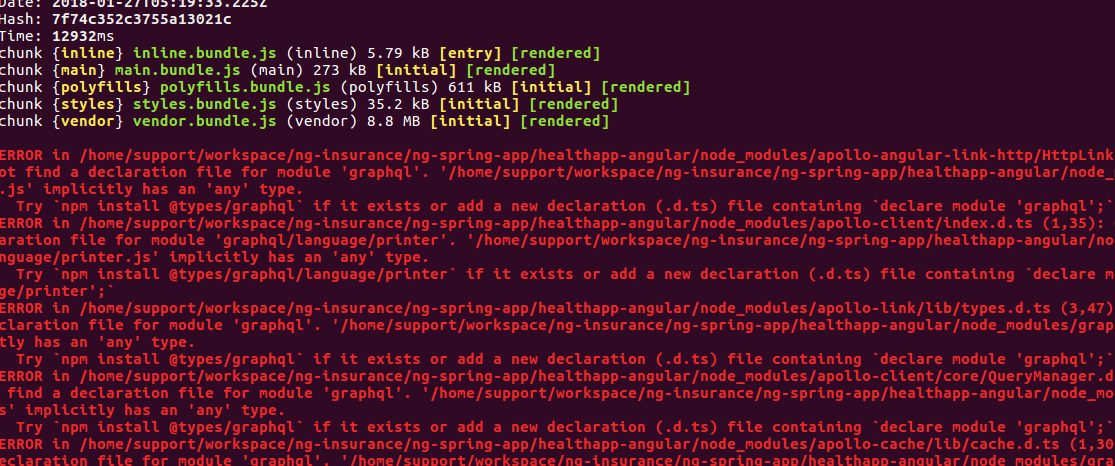apollo angular error - could not find a declaration file for module graphql