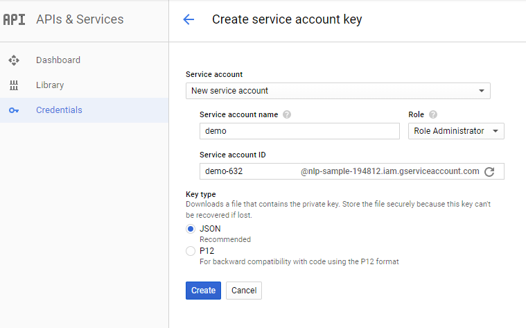 google nlp api - create service account key