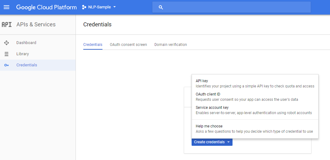 google nlp api - create service account key