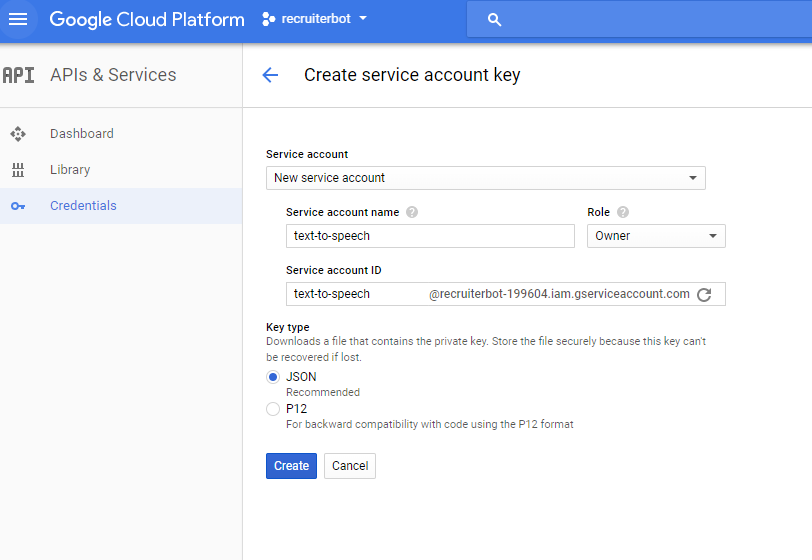 Google Cloud Service - Create Service Account Key