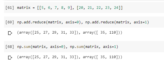 Numpy Unary functions to sum rows and columns