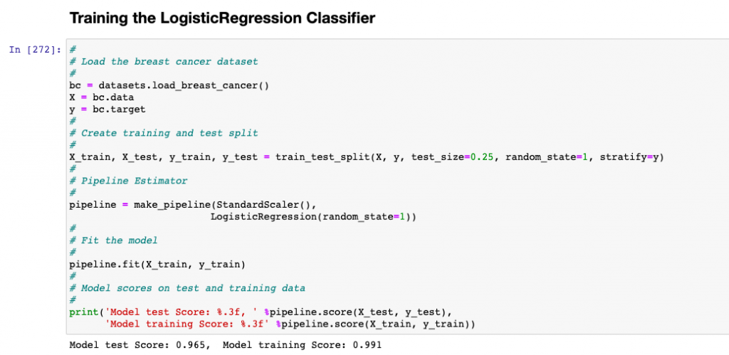 LogisticRegression Classifier fit with breast cancer dataset