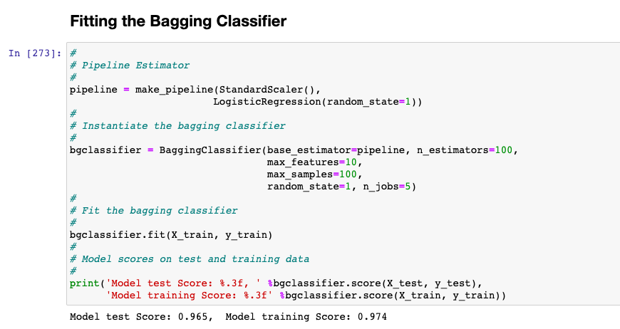 Bagging Classifier fit with breast cancer dataset with base estimator as Logistic Regression