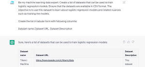 Chatgpt prompt for gathering datasets for machine learning tasks