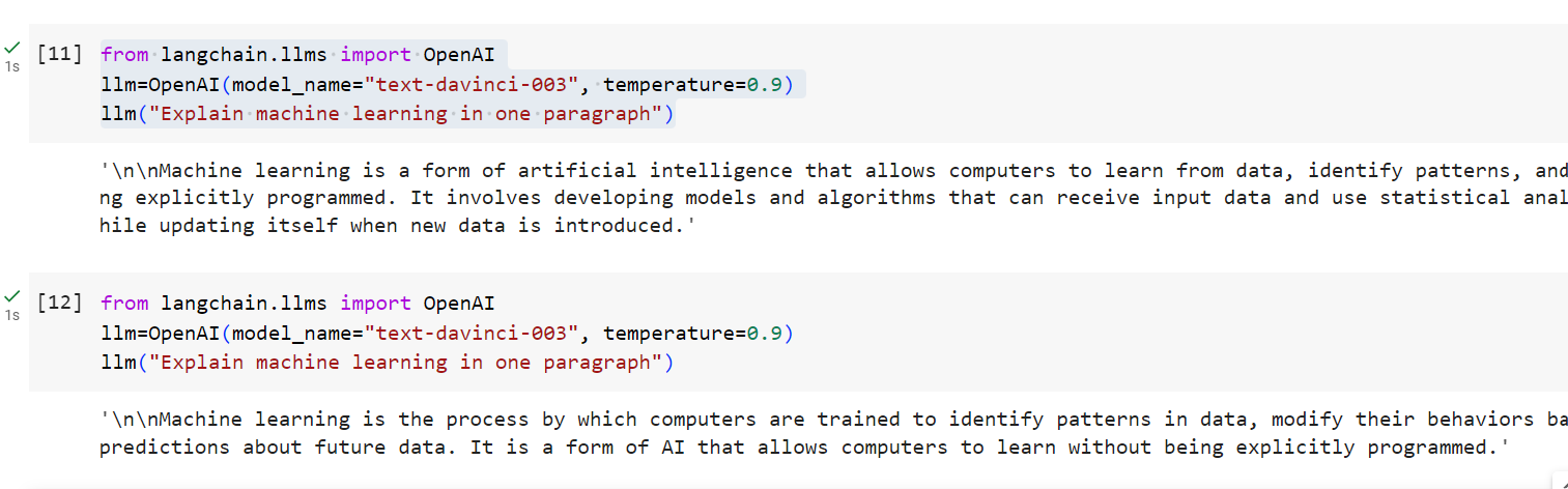 Executing OpenAI APIs using LangChain for generating text